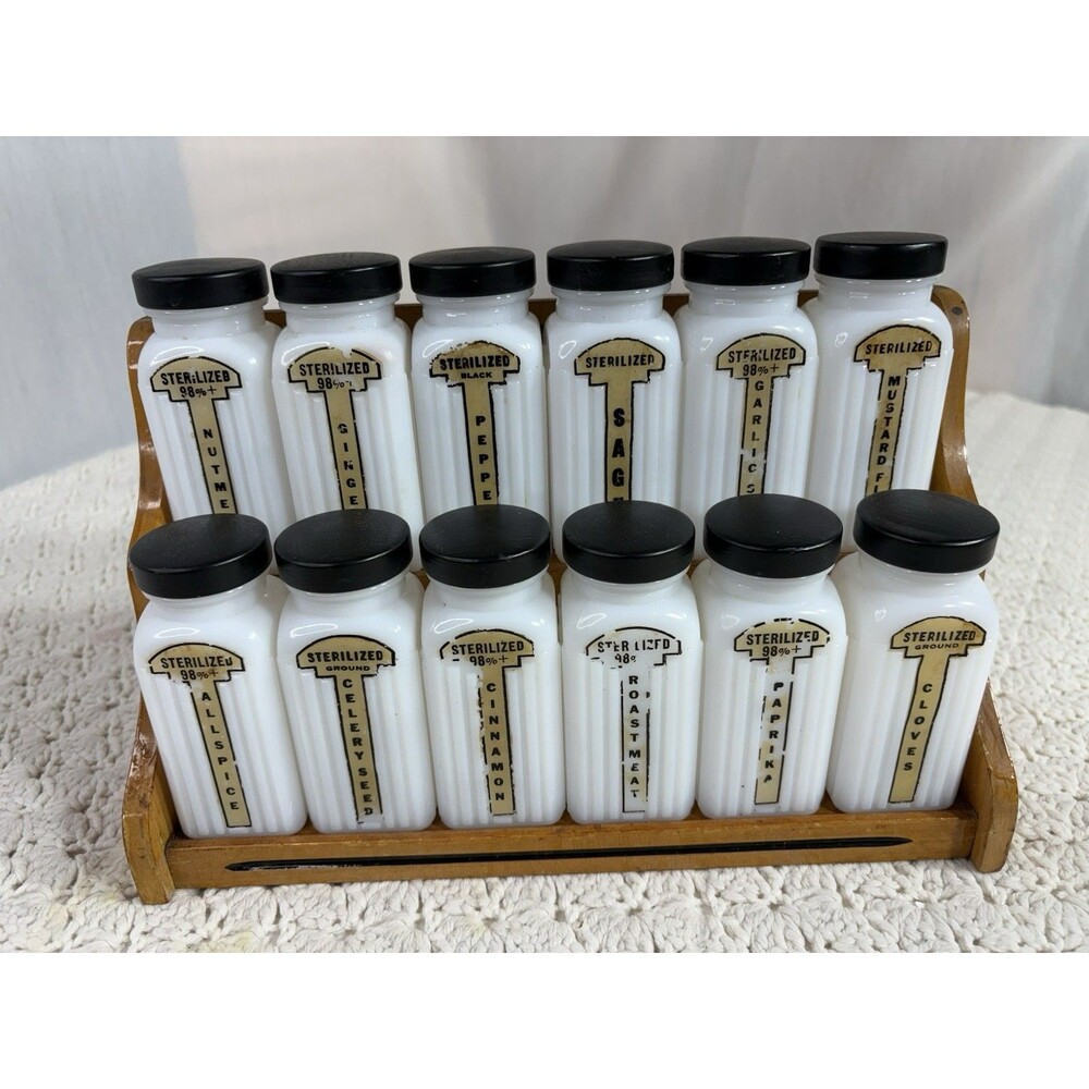 Vintage Griffith's Set of 12 Milk Glass Spice Jars Black Lids With Wooden Rack